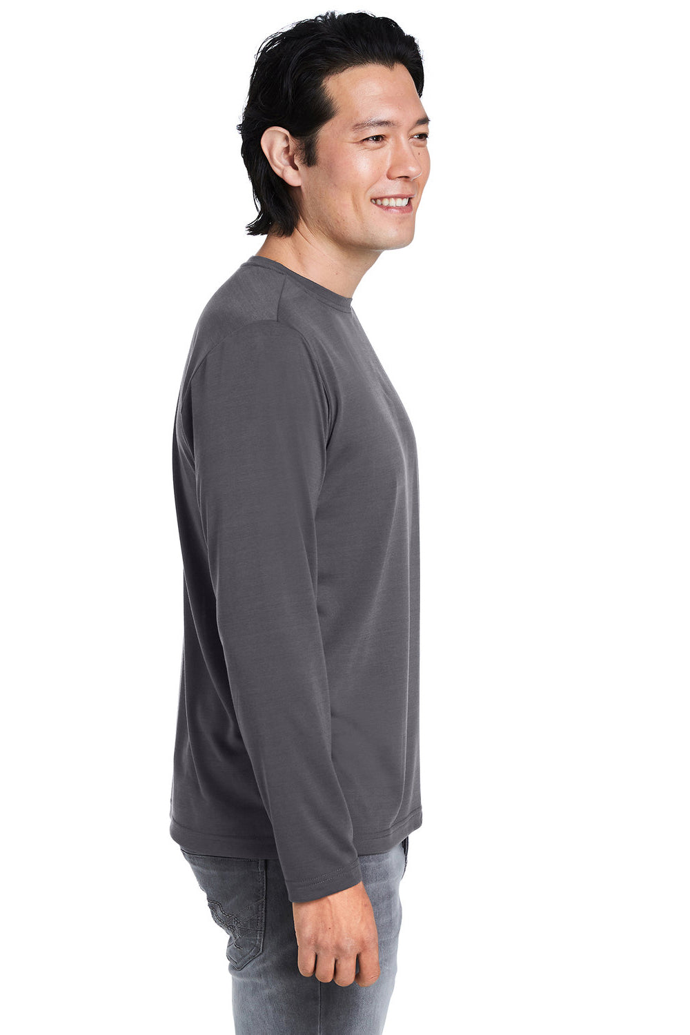 Core 365 CE111L Mens Fusion ChromaSoft Performance Moisture Wicking Long Sleeve Crewneck T-Shirt Carbon Grey Model Side