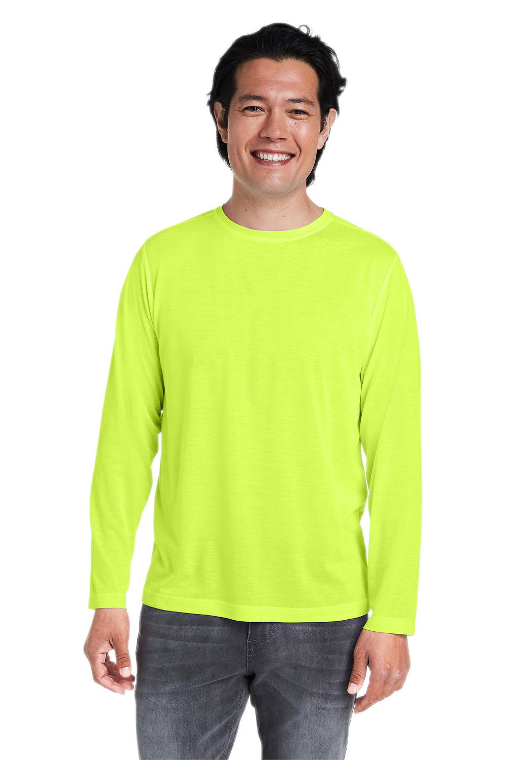 Core 365 CE111L Mens Fusion ChromaSoft Performance Moisture Wicking Long Sleeve Crewneck T-Shirt Safety Yellow Model Front