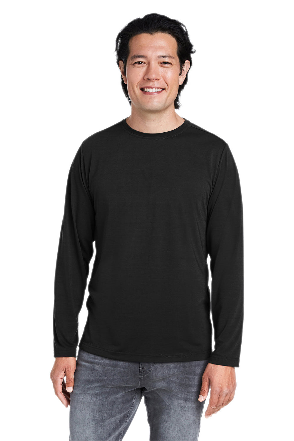 Core 365 CE111L Mens Fusion ChromaSoft Performance Moisture Wicking Long Sleeve Crewneck T-Shirt Black Model Front