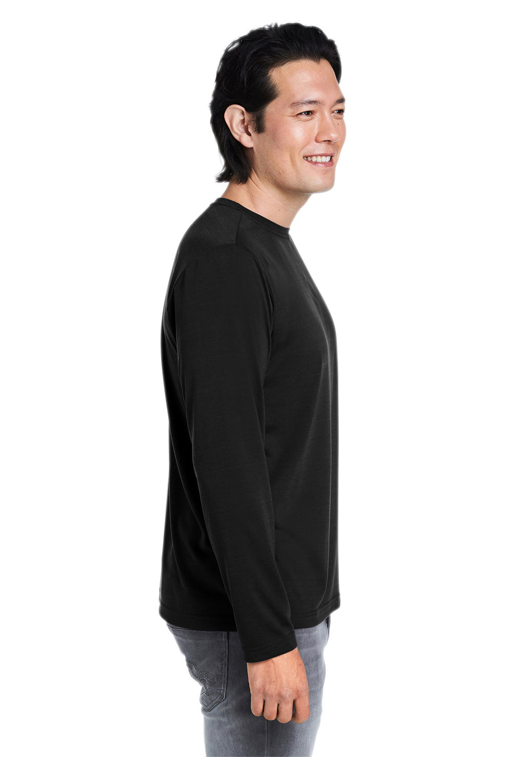 Core 365 CE111L Mens Fusion ChromaSoft Performance Moisture Wicking Long Sleeve Crewneck T-Shirt Black Model Side