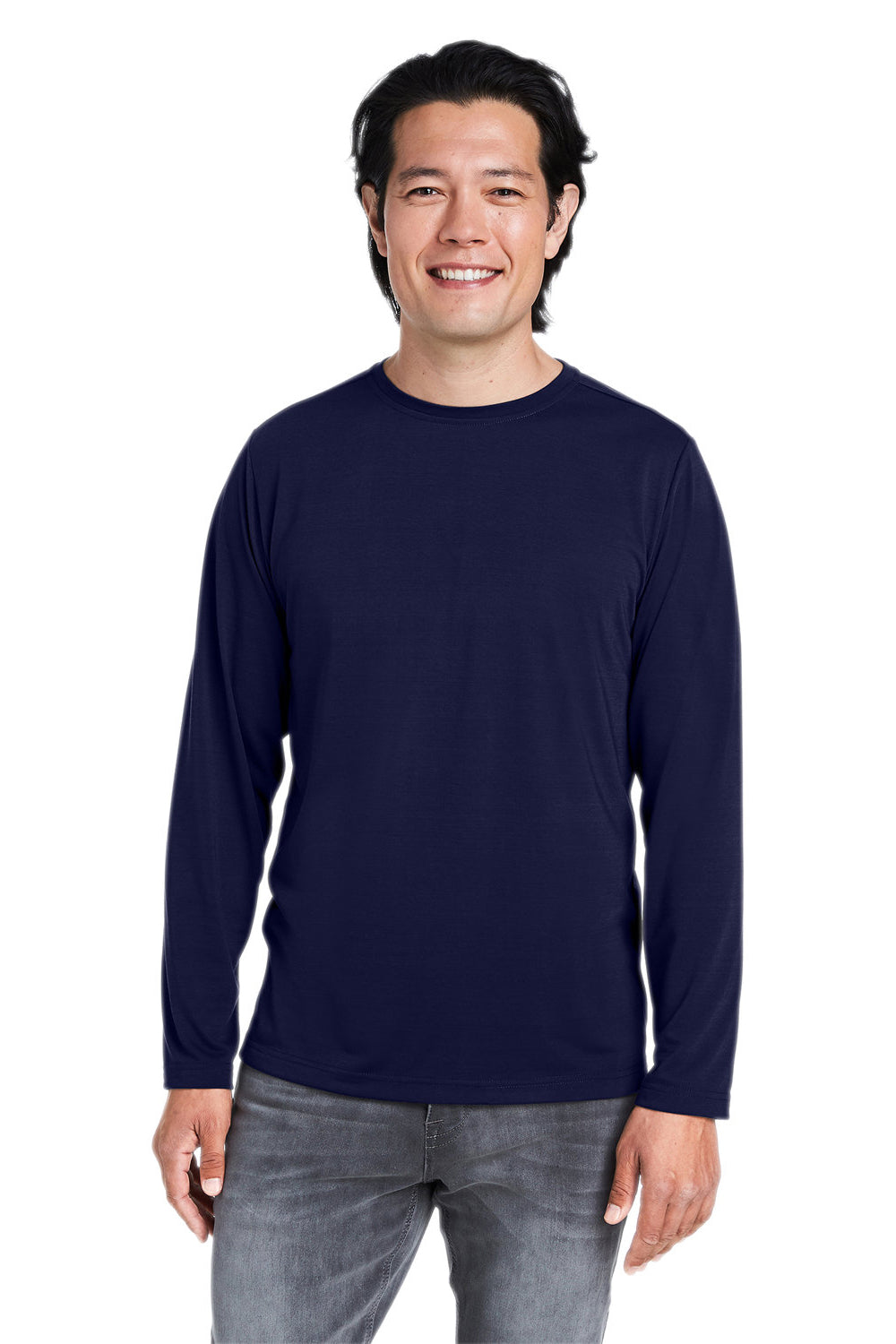 Core 365 CE111L Mens Fusion ChromaSoft Performance Moisture Wicking Long Sleeve Crewneck T-Shirt Classic Navy Blue Model Front