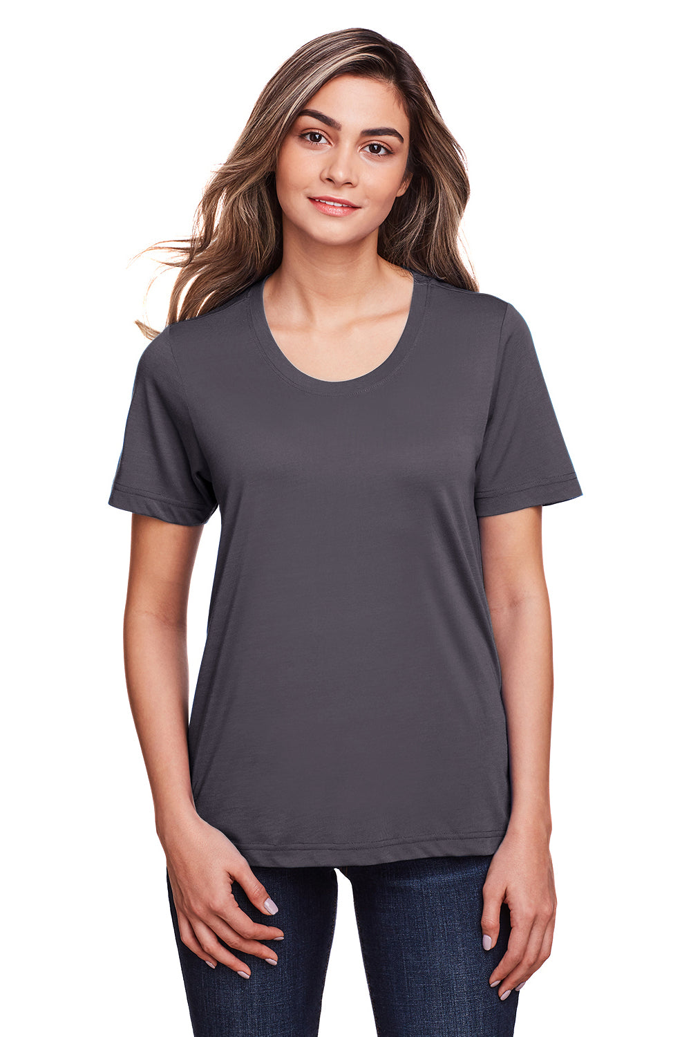 Core 365 CE111W Womens Fusion ChromaSoft Performance Moisture Wicking Short Sleeve Scoop Neck T-Shirt Carbon Grey Model Front