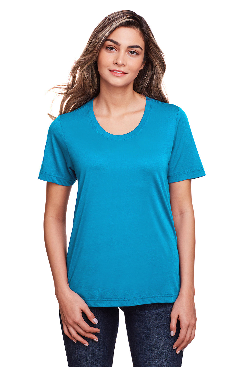 Core 365 CE111W Womens Fusion ChromaSoft Performance Moisture Wicking Short Sleeve Scoop Neck T-Shirt Electric Blue Model Front