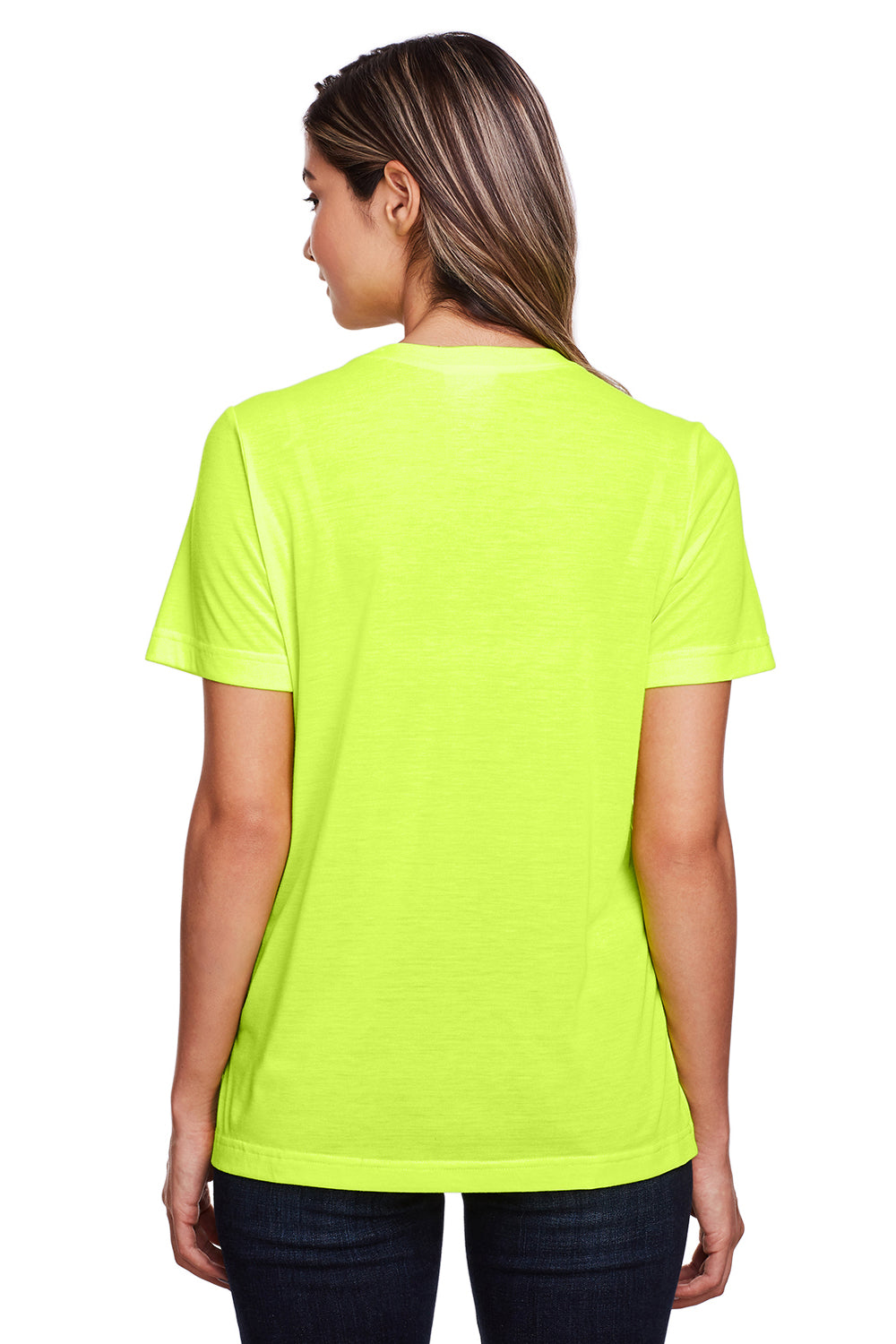 Core 365 CE111W Womens Fusion ChromaSoft Performance Moisture Wicking Short Sleeve Scoop Neck T-Shirt Safety Yellow Model Back