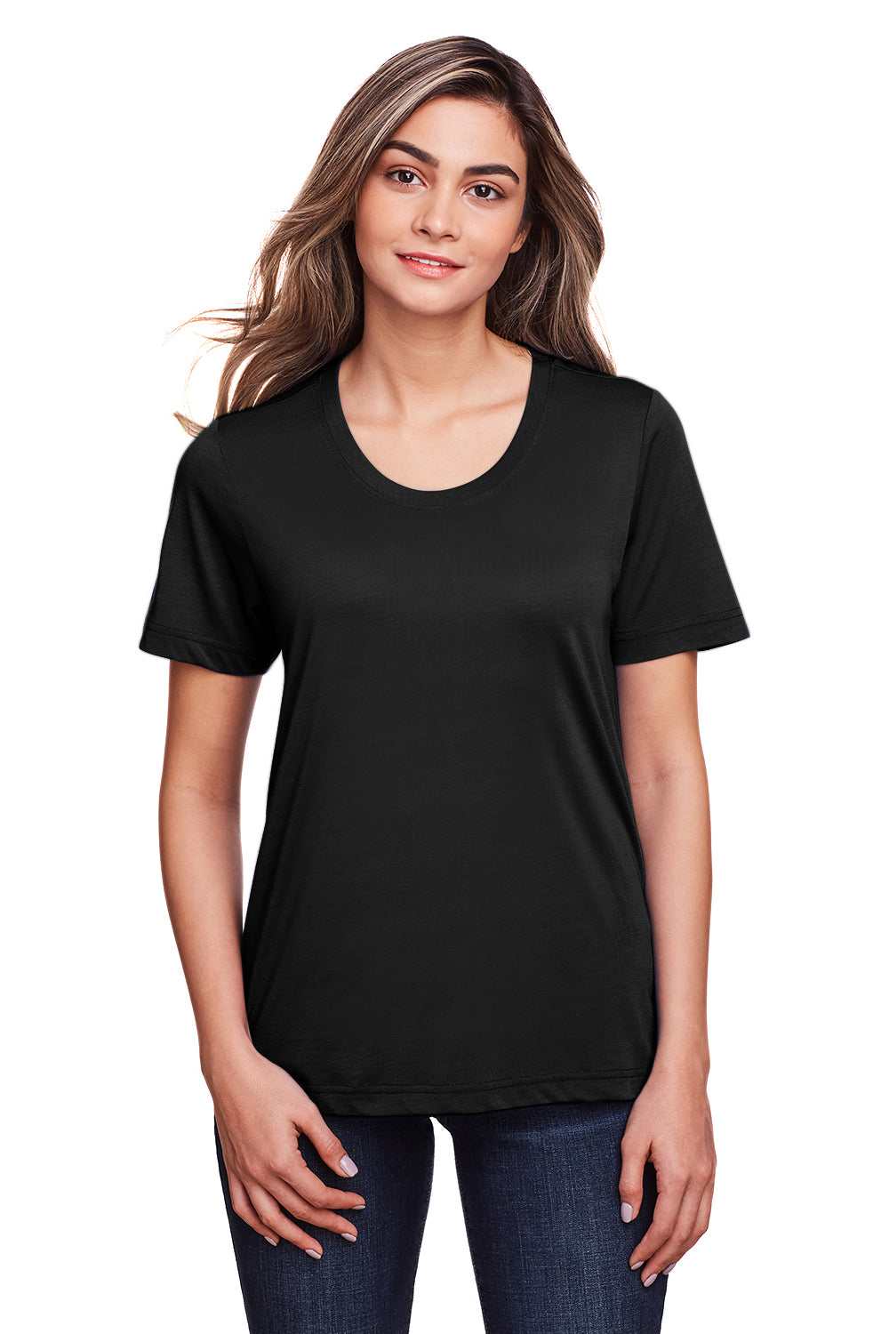 Core 365 CE111W Womens Fusion ChromaSoft Performance Moisture Wicking Short Sleeve Scoop Neck T-Shirt Black Model Front