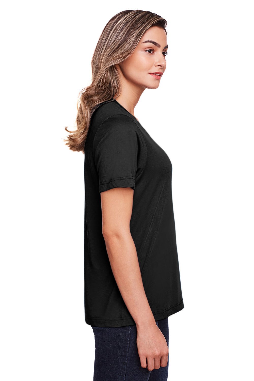 Core 365 CE111W Womens Fusion ChromaSoft Performance Moisture Wicking Short Sleeve Scoop Neck T-Shirt Black Model Side