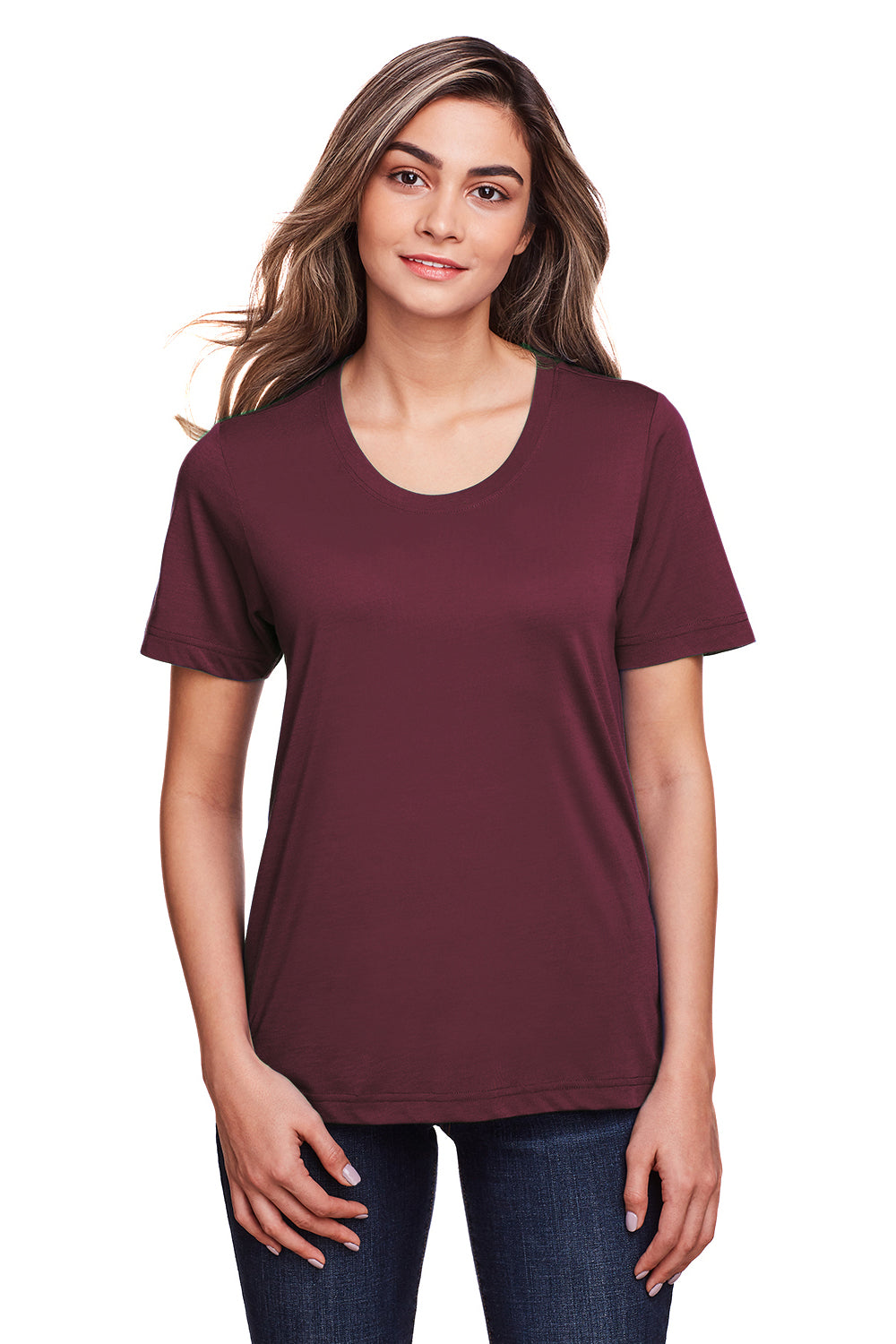 Core 365 CE111W Womens Fusion ChromaSoft Performance Moisture Wicking Short Sleeve Scoop Neck T-Shirt Burgundy Model Front