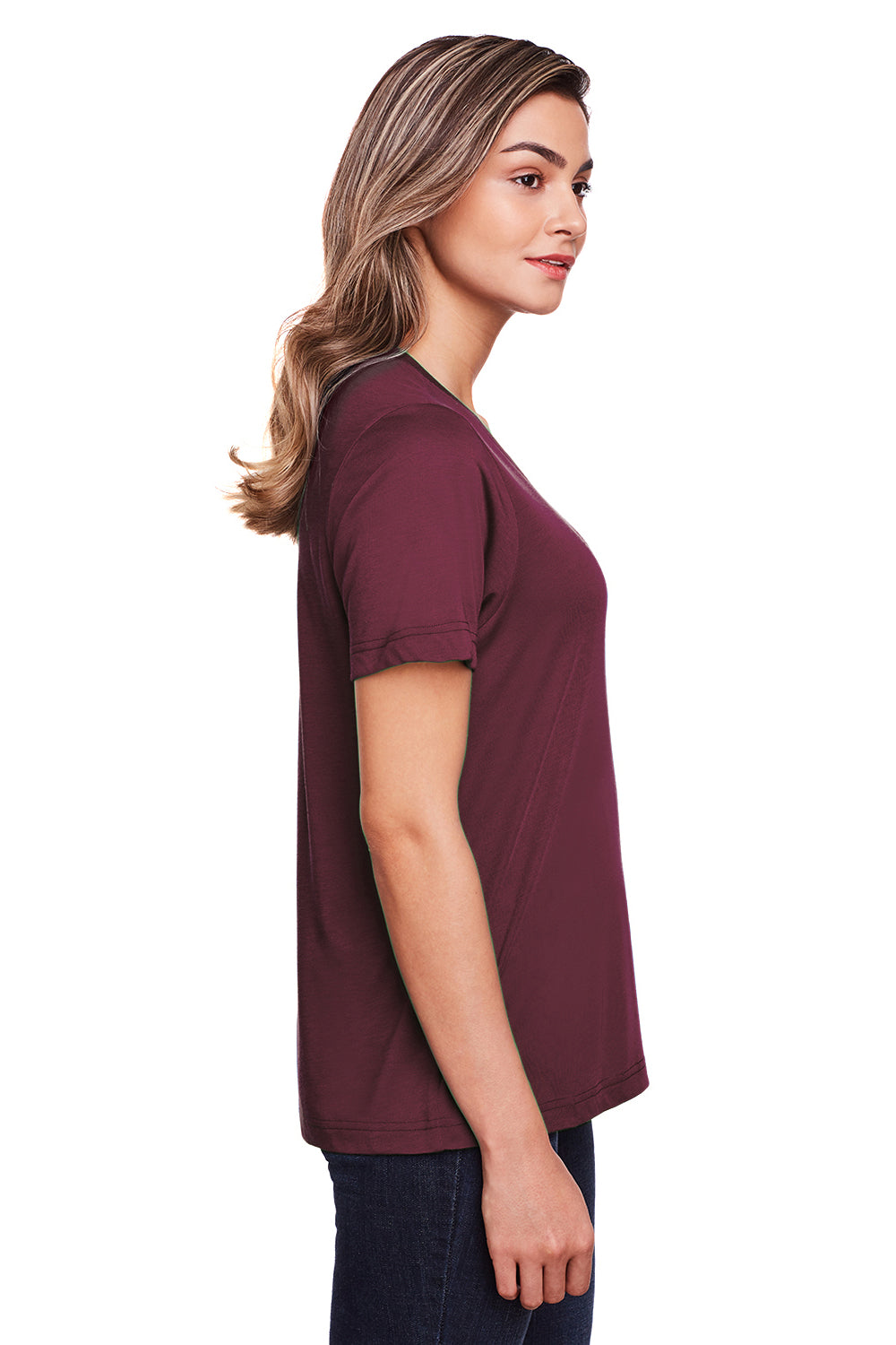 Core 365 CE111W Womens Fusion ChromaSoft Performance Moisture Wicking Short Sleeve Scoop Neck T-Shirt Burgundy Model Side