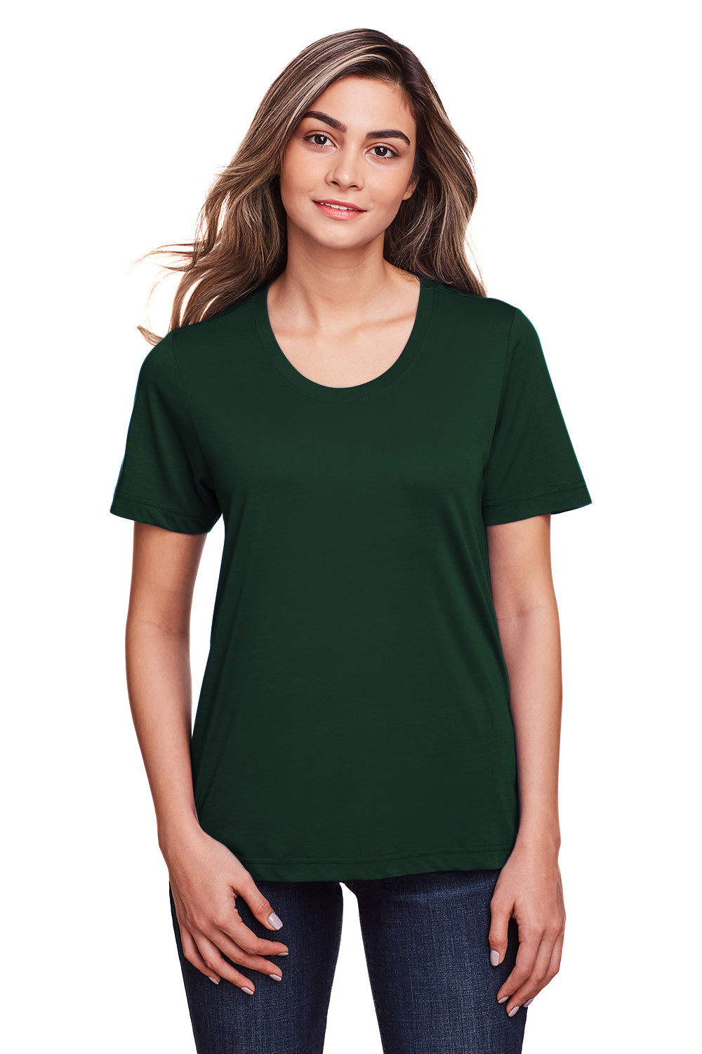 Core 365 CE111W Womens Fusion ChromaSoft Performance Moisture Wicking Short Sleeve Scoop Neck T-Shirt Forest Green Model Front