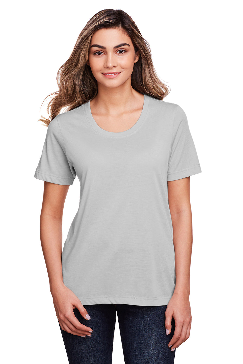 Core 365 CE111W Womens Fusion ChromaSoft Performance Moisture Wicking Short Sleeve Scoop Neck T-Shirt Platinum Grey Model Front