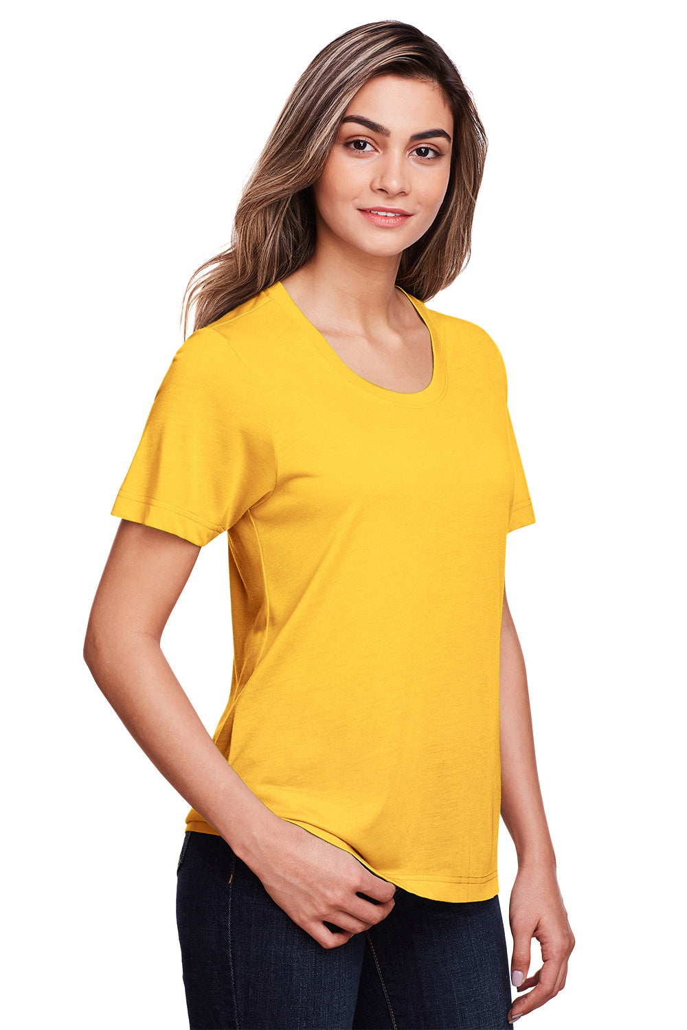 Core 365 CE111W Womens Fusion ChromaSoft Performance Moisture Wicking Short Sleeve Scoop Neck T-Shirt Campus Gold Model 3q