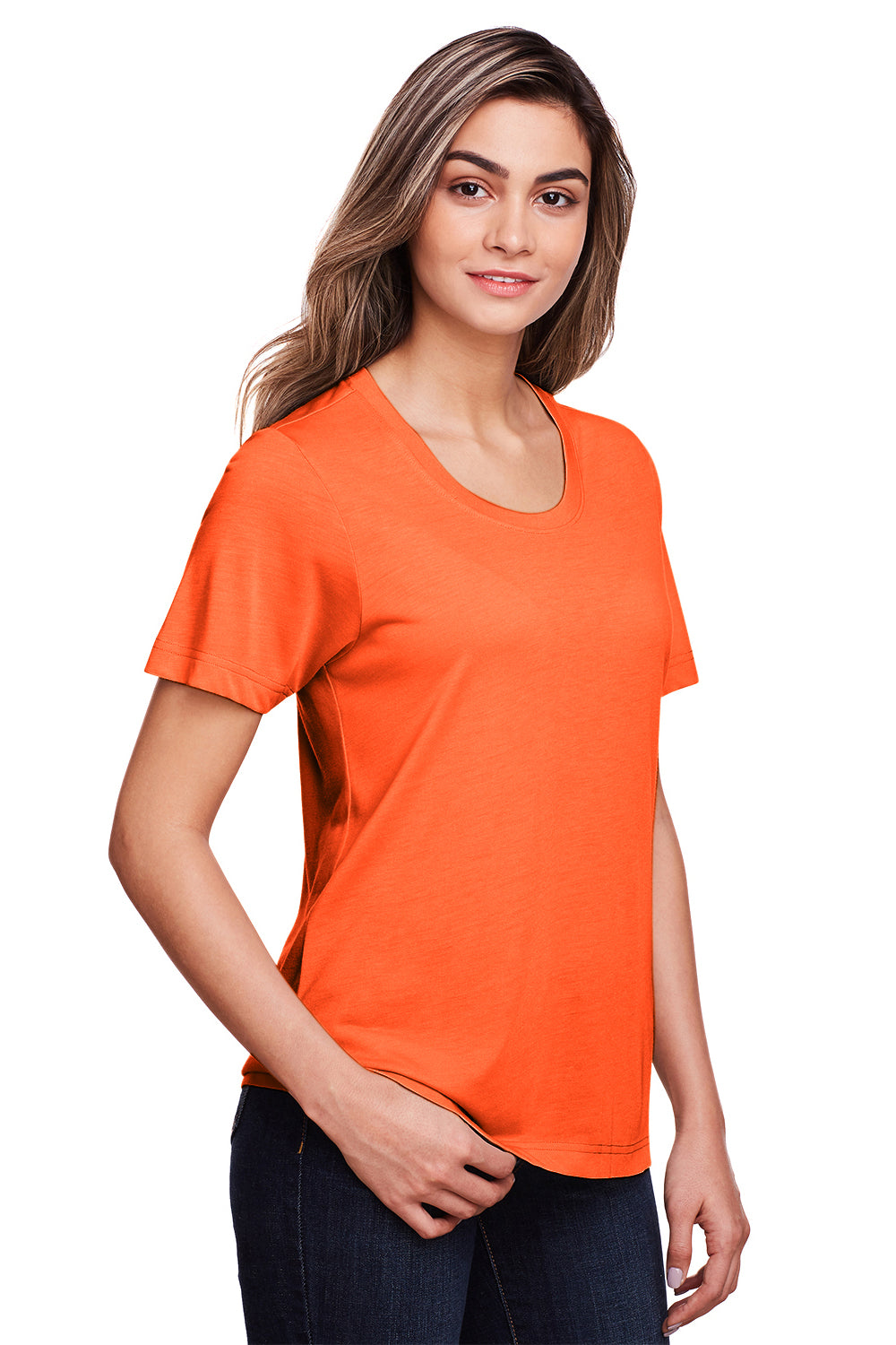 Core 365 CE111W Womens Fusion ChromaSoft Performance Moisture Wicking Short Sleeve Scoop Neck T-Shirt Campus Orange Model 3q