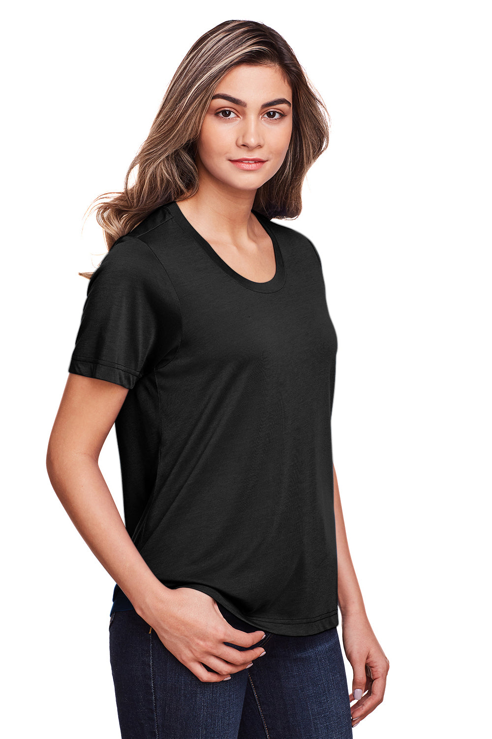 Core 365 CE111W Womens Fusion ChromaSoft Performance Moisture Wicking Short Sleeve Scoop Neck T-Shirt Black Model 3q