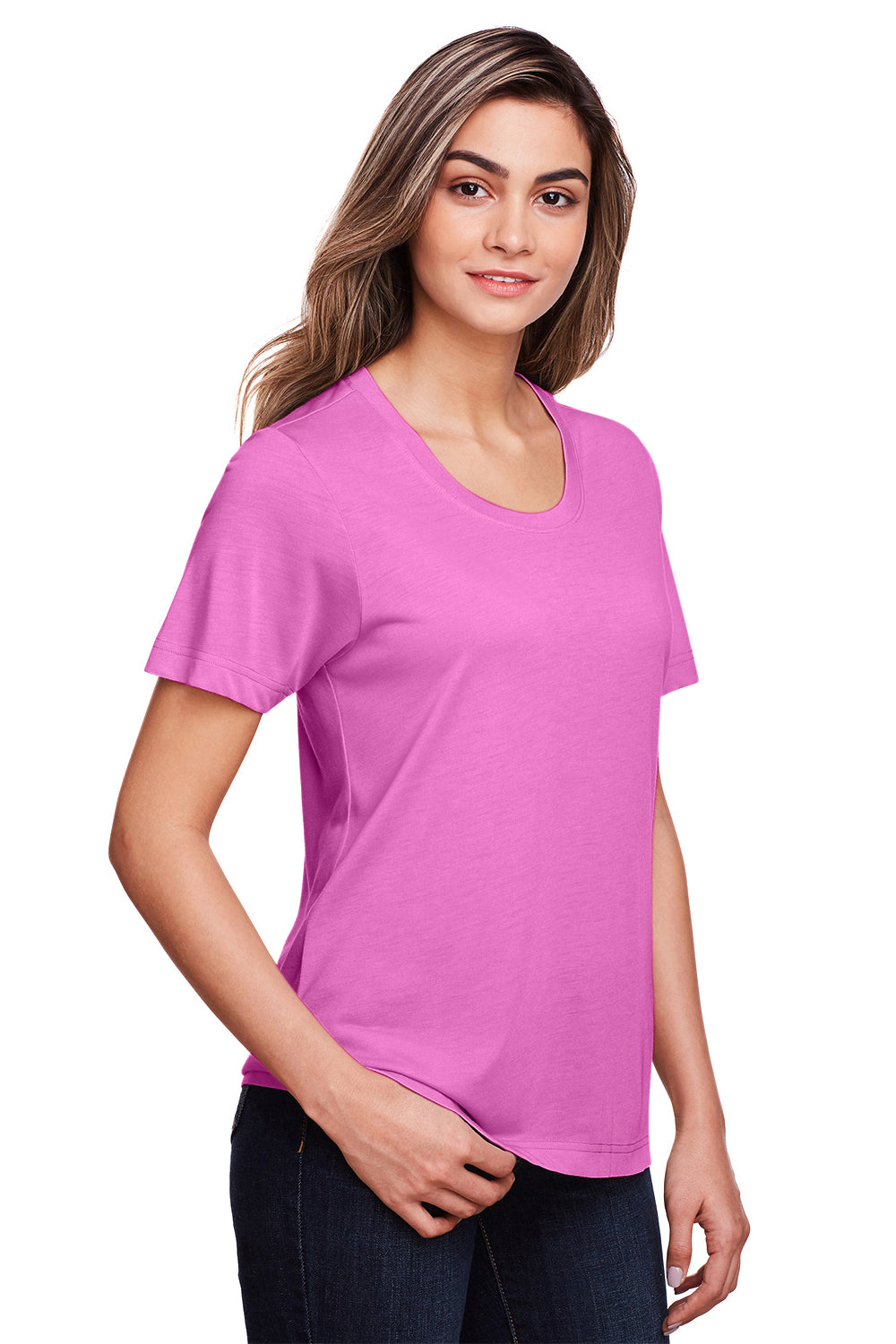 Core 365 CE111W Womens Fusion ChromaSoft Performance Moisture Wicking Short Sleeve Scoop Neck T-Shirt Charity Pink Model 3q