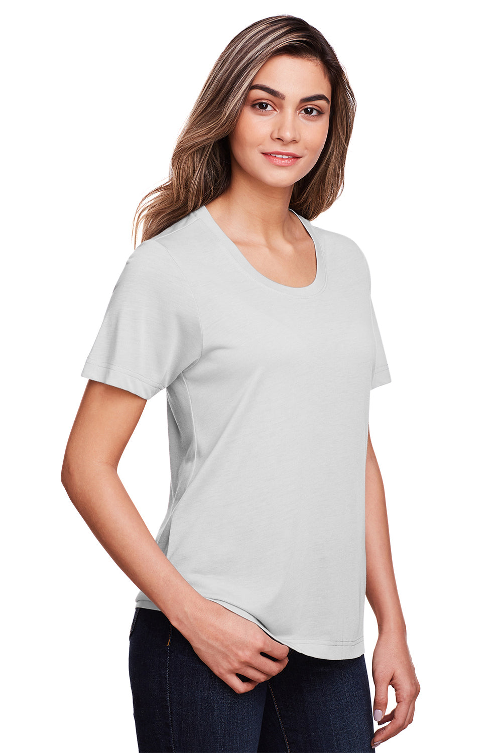 Core 365 CE111W Womens Fusion ChromaSoft Performance Moisture Wicking Short Sleeve Scoop Neck T-Shirt Platinum Grey Model 3q