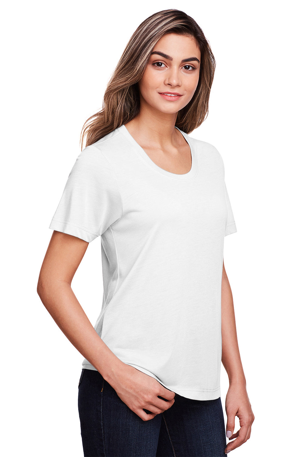 Core 365 CE111W Womens Fusion ChromaSoft Performance Moisture Wicking Short Sleeve Scoop Neck T-Shirt White Model 3q