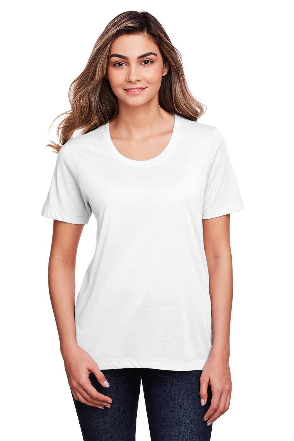 Core 365 CE111W Womens Fusion ChromaSoft Performance Moisture Wicking Short Sleeve Scoop Neck T-Shirt White Model Front