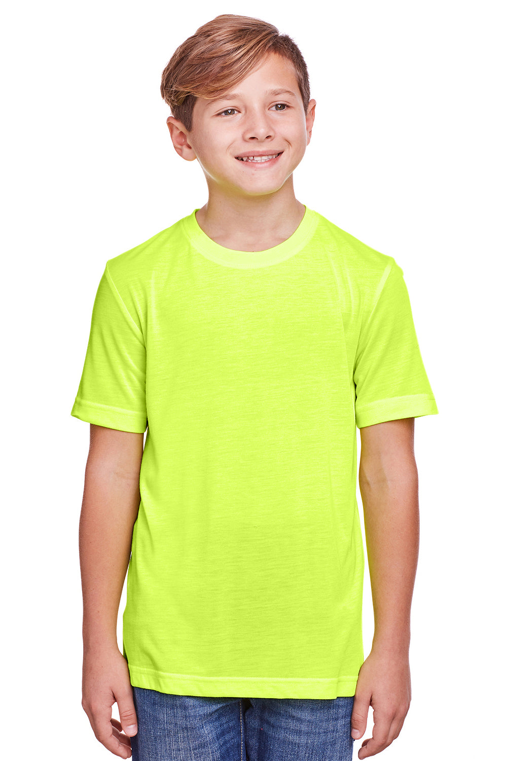 Core 365 CE111Y Youth Fusion ChromaSoft Performance Moisture Wicking Short Sleeve Crewneck T-Shirt Safety Yellow Model Front