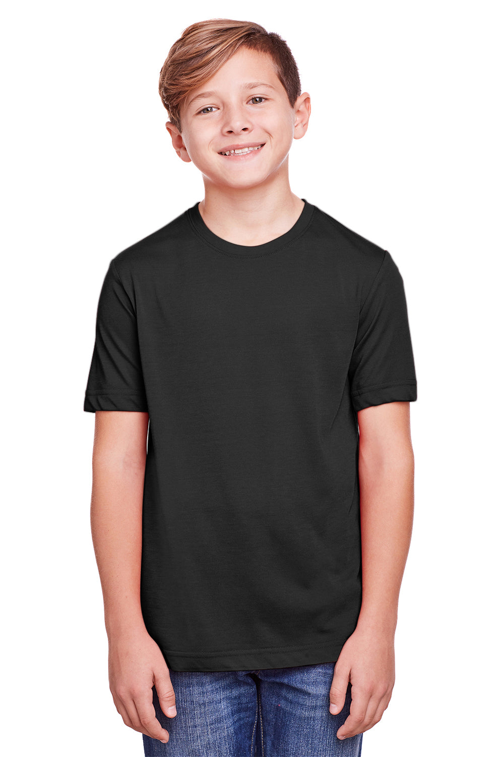 Core 365 CE111Y Youth Fusion ChromaSoft Performance Moisture Wicking Short Sleeve Crewneck T-Shirt Black Model Front