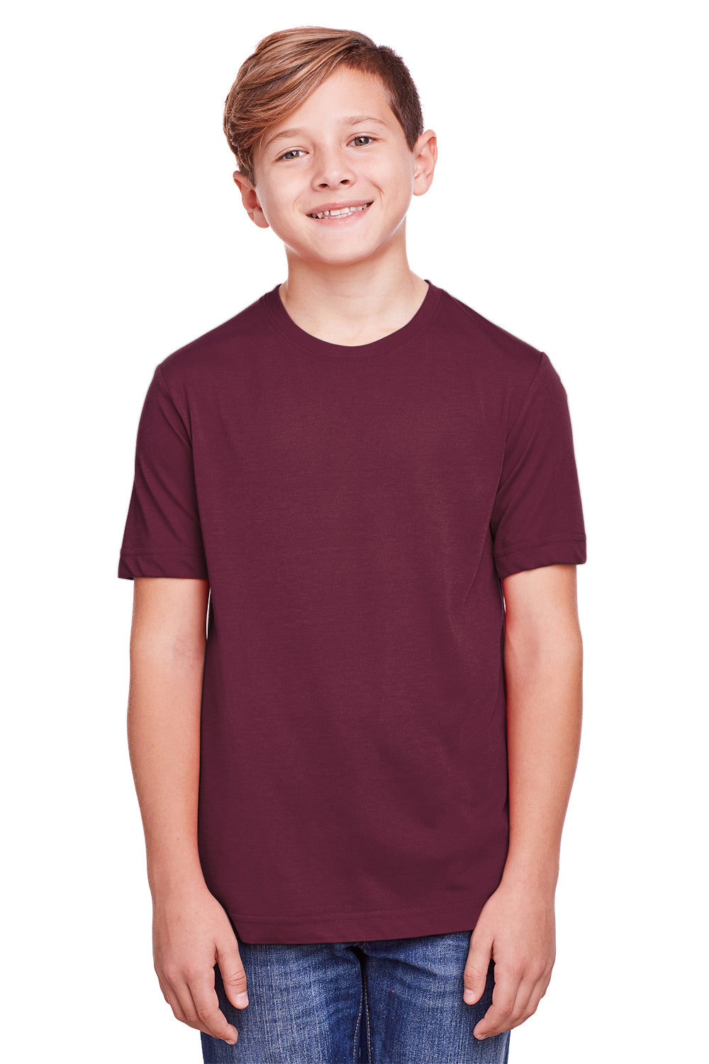 Core 365 CE111Y Youth Fusion ChromaSoft Performance Moisture Wicking Short Sleeve Crewneck T-Shirt Burgundy Model Front