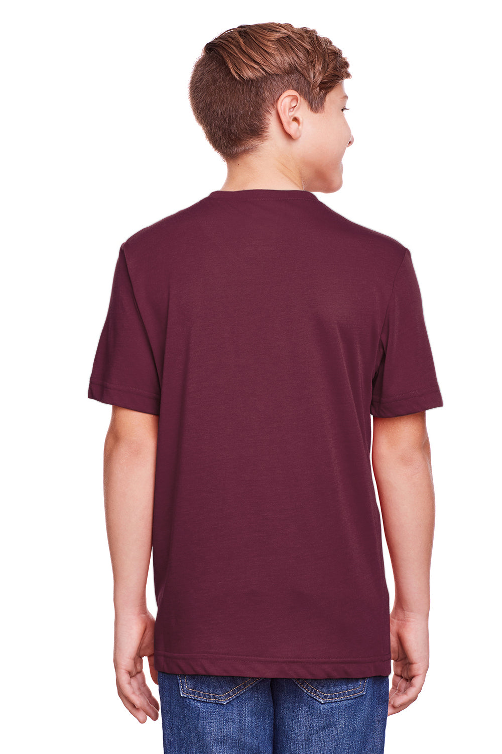 Core 365 CE111Y Youth Fusion ChromaSoft Performance Moisture Wicking Short Sleeve Crewneck T-Shirt Burgundy Model Back