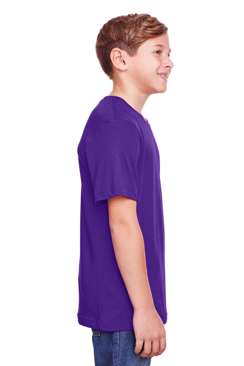 Core 365 CE111Y Youth Fusion ChromaSoft Performance Moisture Wicking Short Sleeve Crewneck T-Shirt Campus Purple Model Side