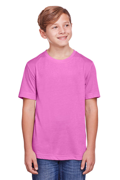 Core 365 CE111Y Youth Fusion ChromaSoft Performance Moisture Wicking Short Sleeve Crewneck T-Shirt Charity Pink Model Front