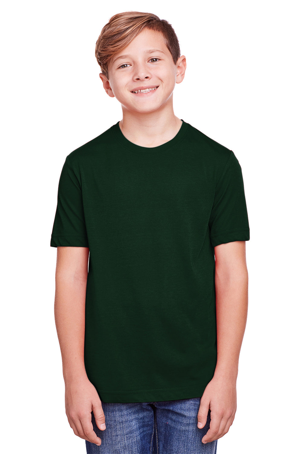 Core 365 CE111Y Youth Fusion ChromaSoft Performance Moisture Wicking Short Sleeve Crewneck T-Shirt Forest Green Model Front