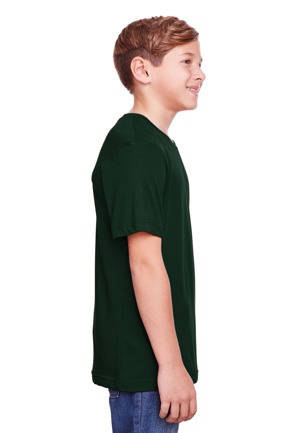 Core 365 CE111Y Youth Fusion ChromaSoft Performance Moisture Wicking Short Sleeve Crewneck T-Shirt Forest Green Model Side