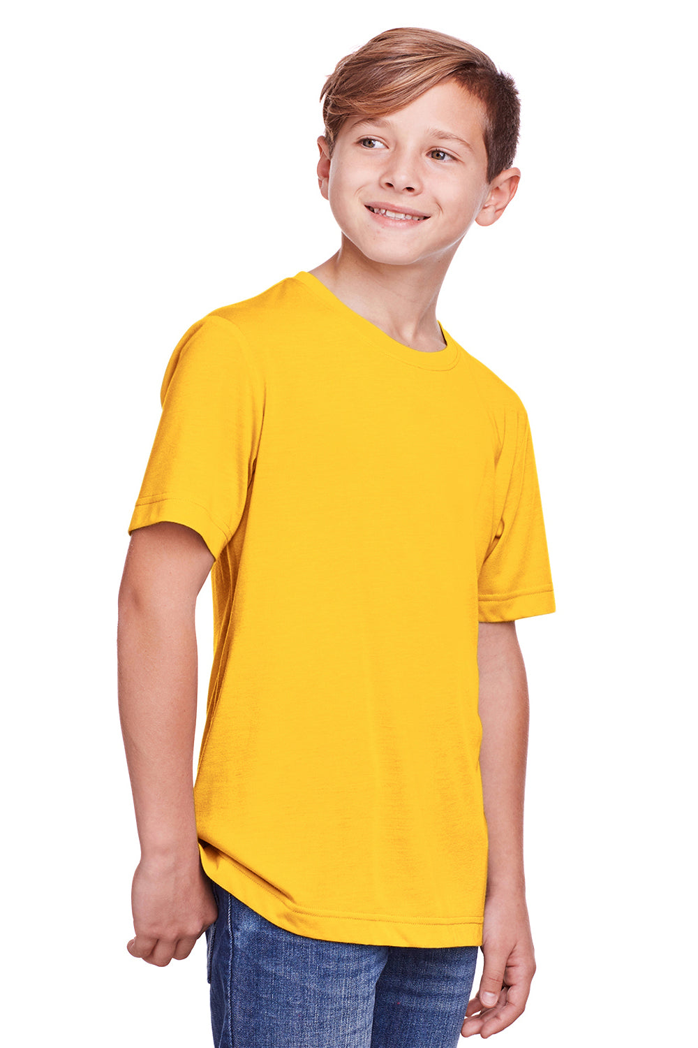 Core 365 CE111Y Youth Fusion ChromaSoft Performance Moisture Wicking Short Sleeve Crewneck T-Shirt Campus Gold Model 3q