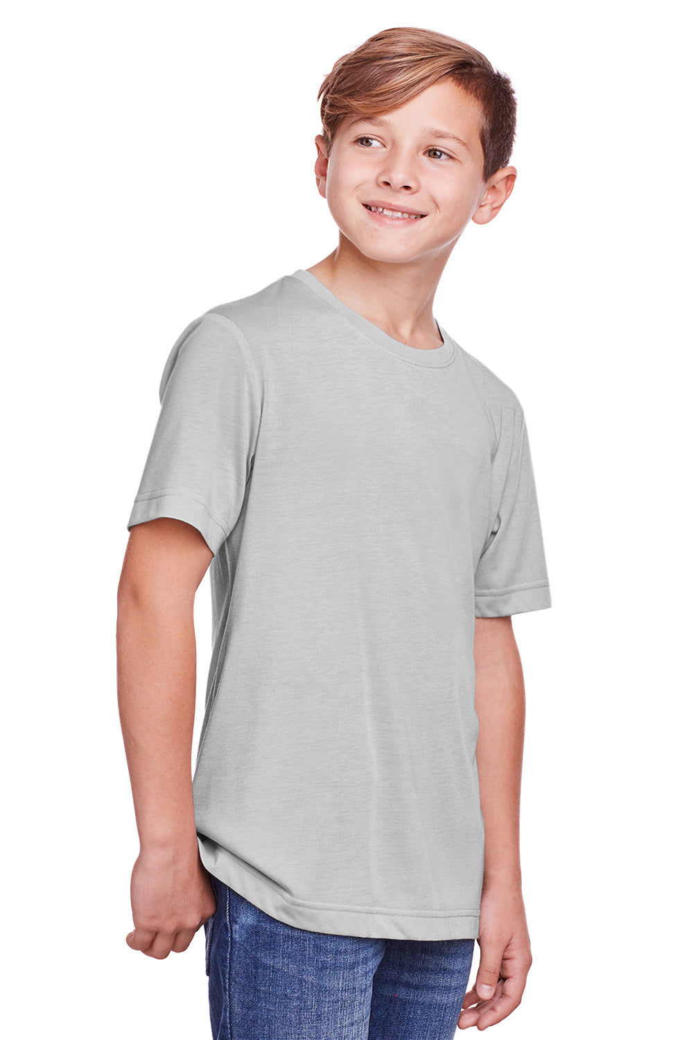 Core 365 CE111Y Youth Fusion ChromaSoft Performance Moisture Wicking Short Sleeve Crewneck T-Shirt Platinum Grey Model 3q