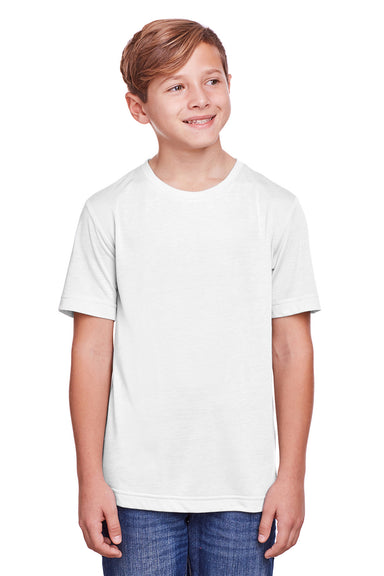 Core 365 CE111Y Youth Fusion ChromaSoft Performance Moisture Wicking Short Sleeve Crewneck T-Shirt White Model Front