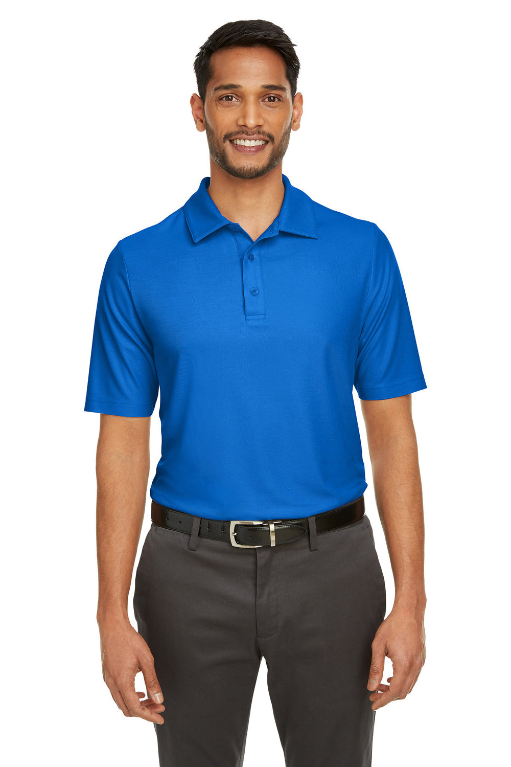 Core 365 CE112 Mens Fusion ChromaSoft Performance Moisture Wicking Short Sleeve Polo Shirt True Royal Blue Model Front