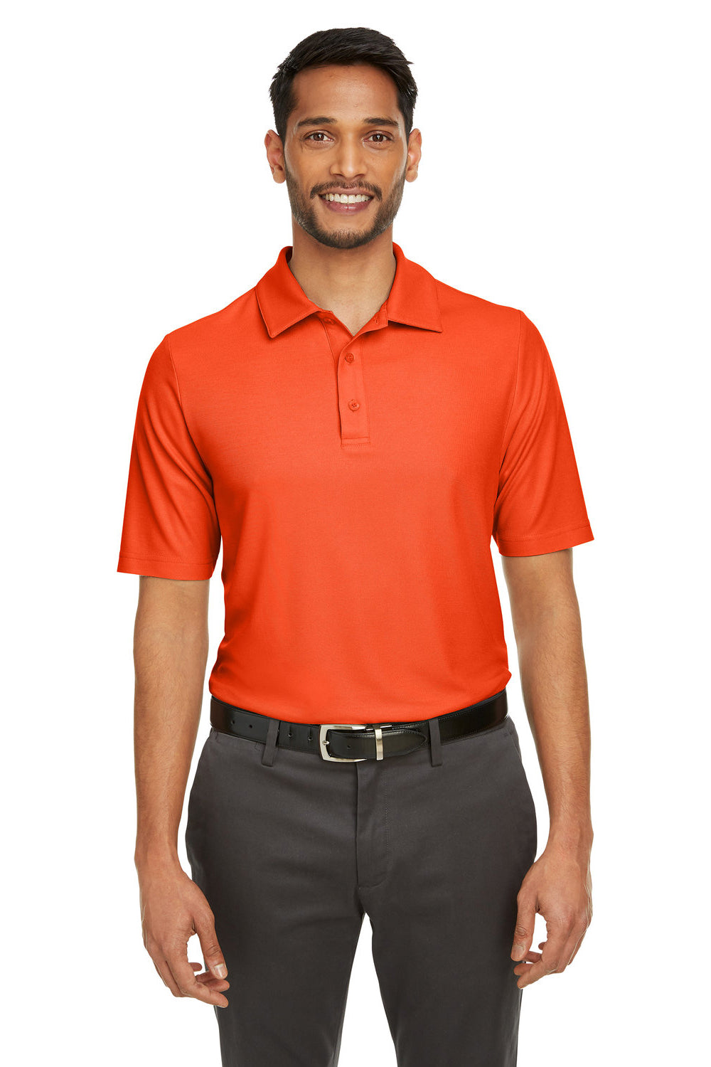 Core 365 CE112 Mens Fusion ChromaSoft Performance Moisture Wicking Short Sleeve Polo Shirt Campus Orange Model Front