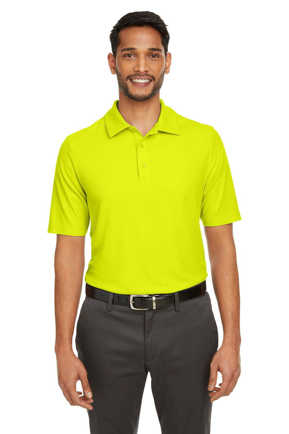 Core 365 CE112 Mens Fusion ChromaSoft Performance Moisture Wicking Short Sleeve Polo Shirt Safety Yellow Model Front