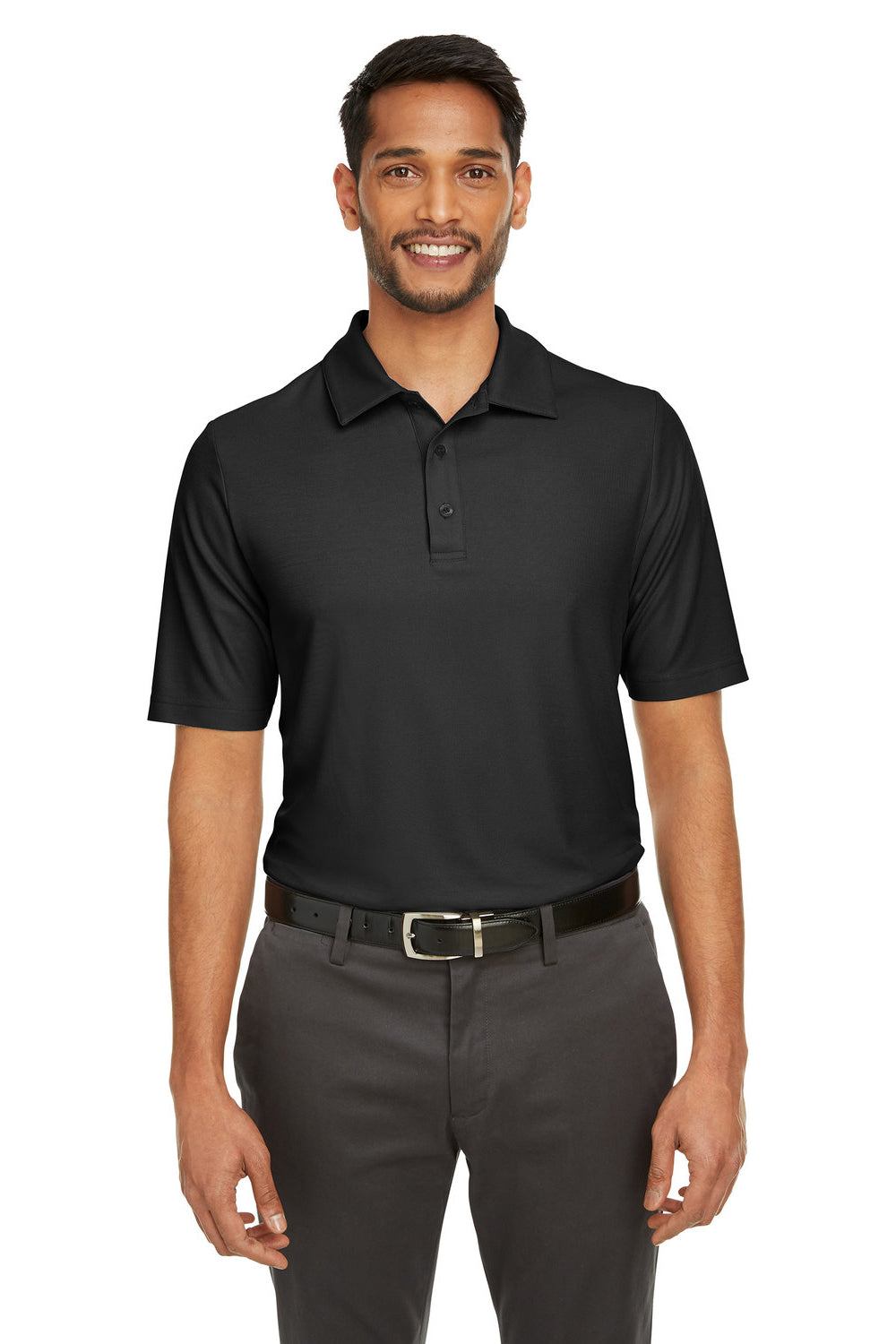 Core 365 CE112 Mens Fusion ChromaSoft Performance Moisture Wicking Short Sleeve Polo Shirt Black Model Front