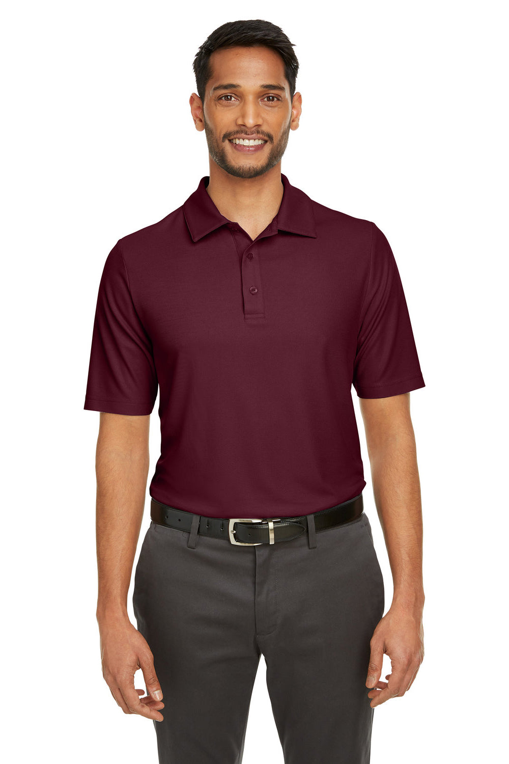 Core 365 CE112 Mens Fusion ChromaSoft Performance Moisture Wicking Short Sleeve Polo Shirt Burgundy Model Front