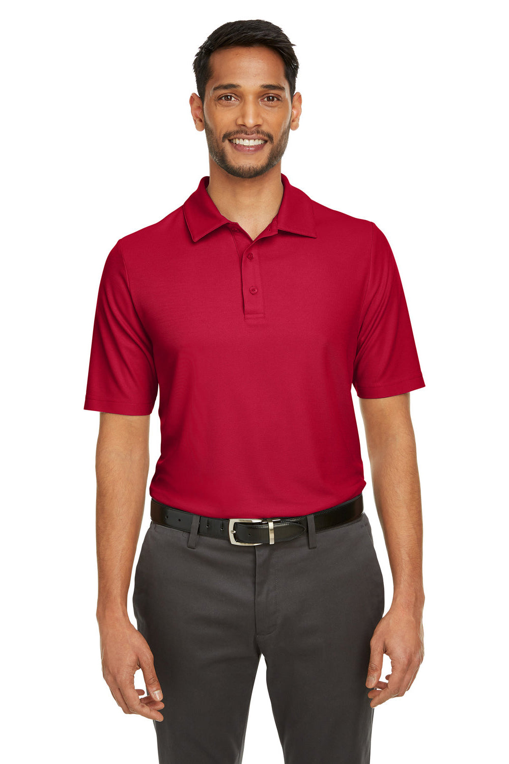 Core 365 CE112 Mens Fusion ChromaSoft Performance Moisture Wicking Short Sleeve Polo Shirt Classic Red Model Front