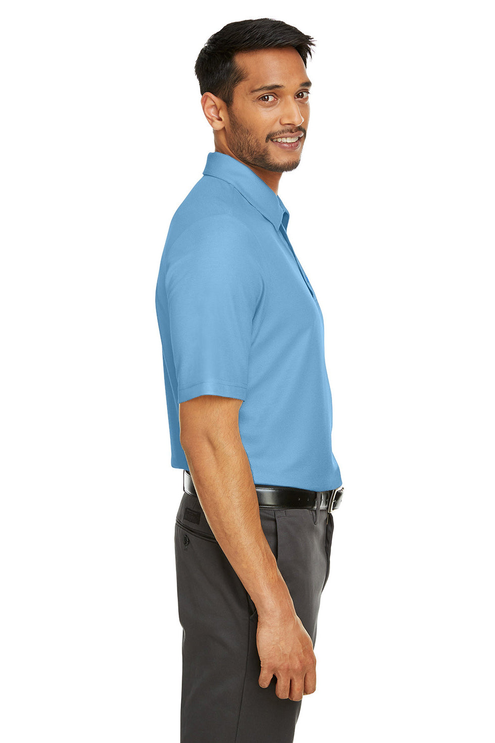 Core 365 CE112 Mens Fusion ChromaSoft Performance Moisture Wicking Short Sleeve Polo Shirt Columbia Blue Model Side