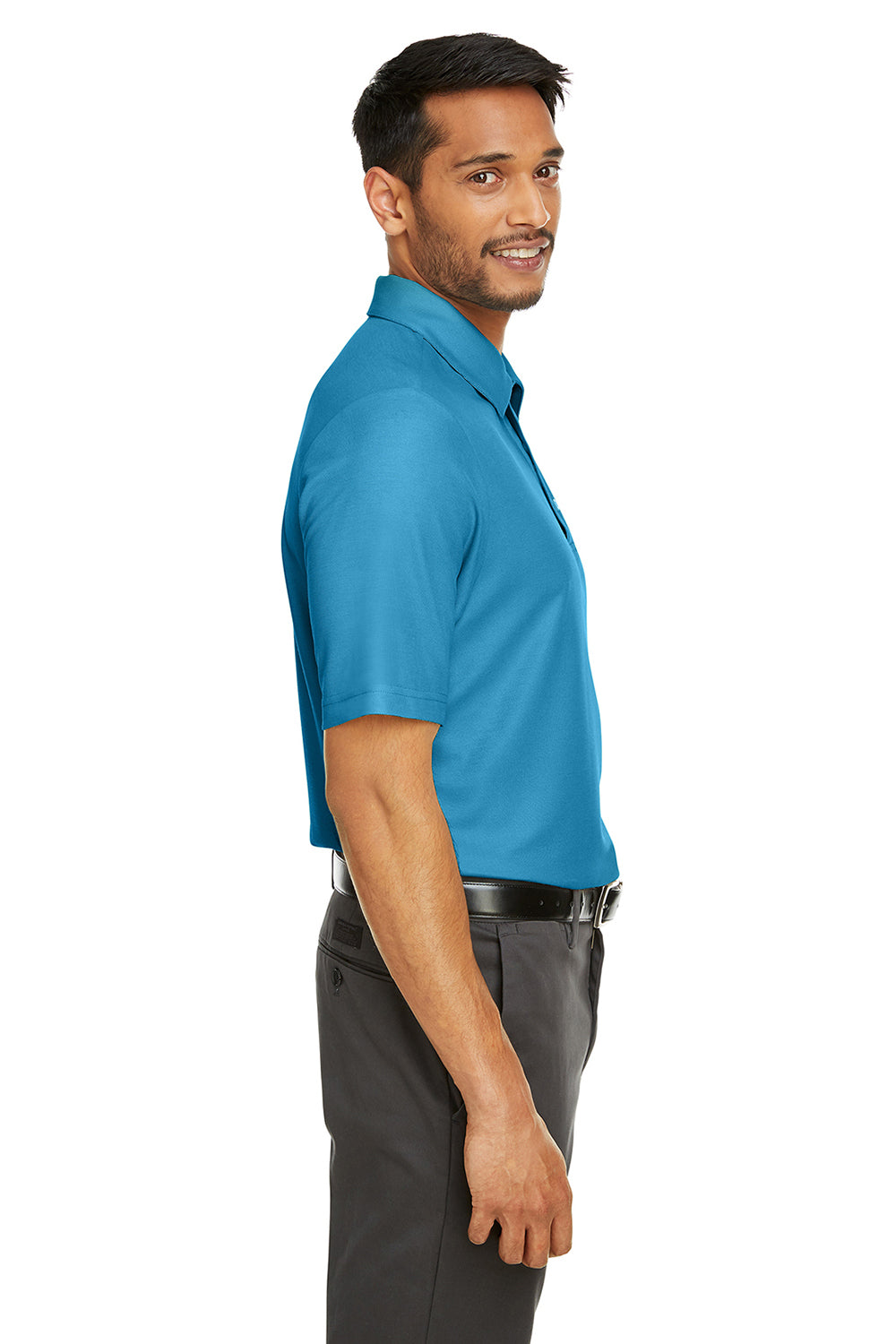 Core 365 CE112 Mens Fusion ChromaSoft Performance Moisture Wicking Short Sleeve Polo Shirt Electric Blue Model Side