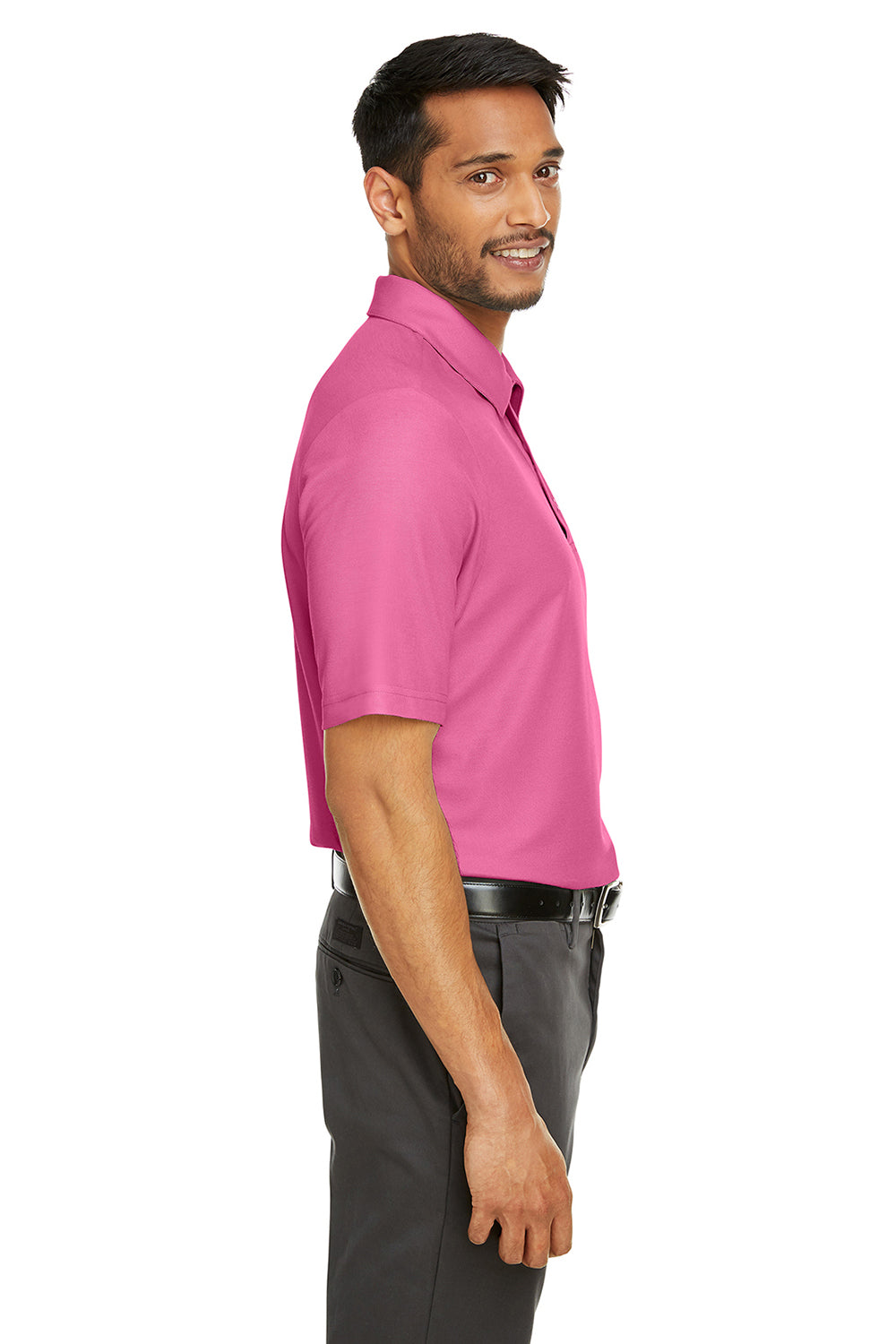 Core 365 CE112 Mens Fusion ChromaSoft Performance Moisture Wicking Short Sleeve Polo Shirt Charity Pink Model Side