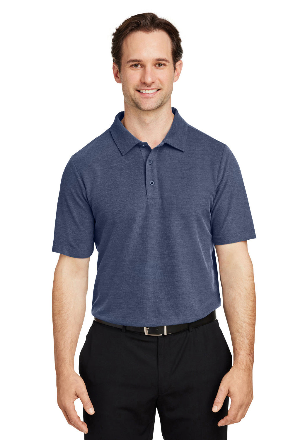 Core 365 CE112 Mens Fusion ChromaSoft Performance Moisture Wicking Short Sleeve Polo Shirt Heather Classic Navy Blue Model Front