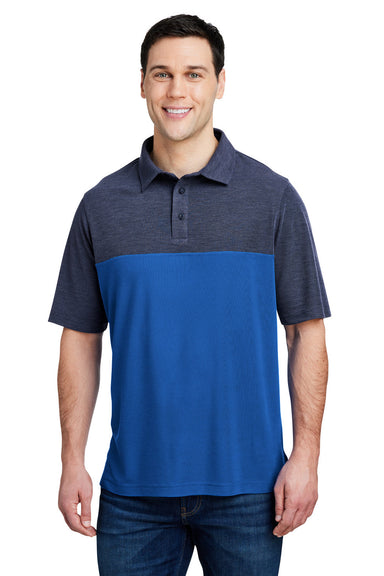 Core 365 CE112C Mens Fusion ChromaSoft Performance Moisture Wicking Colorblock Short Sleeve Polo Shirt True Royal Blue/Heather Navy Blue Model Front