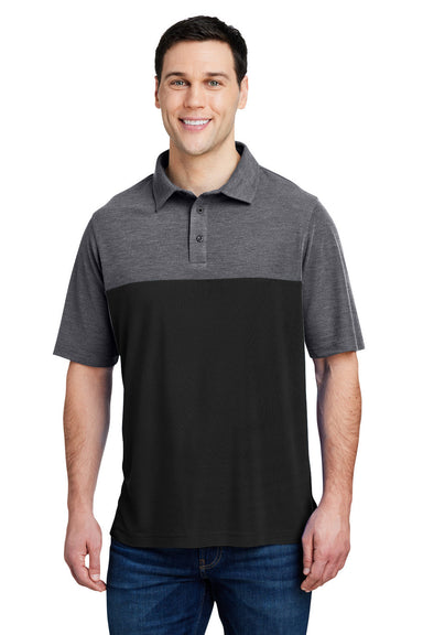 Core 365 CE112C Mens Fusion ChromaSoft Performance Moisture Wicking Colorblock Short Sleeve Polo Shirt Black/Heather Carbon Grey Model Front