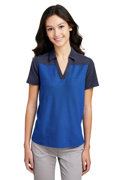 Core 365 CE112CW Womens Fusion ChromaSoft Performance Moisture Wicking Colorblock Short Sleeve Polo Shirt True Royal Blue/Heather Navy Blue Model Front