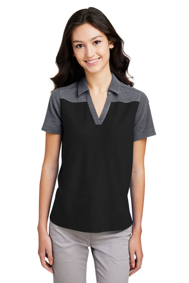 Core 365 CE112CW Womens Fusion ChromaSoft Performance Moisture Wicking Colorblock Short Sleeve Polo Shirt Black/Heather Carbon Grey Model Front