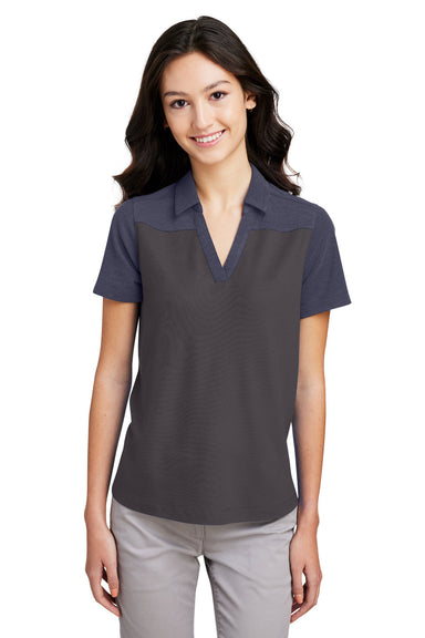 Core 365 CE112CW Womens Fusion ChromaSoft Performance Moisture Wicking Colorblock Short Sleeve Polo Shirt Carbon Grey/Heather Classic Navy Blue Model Front