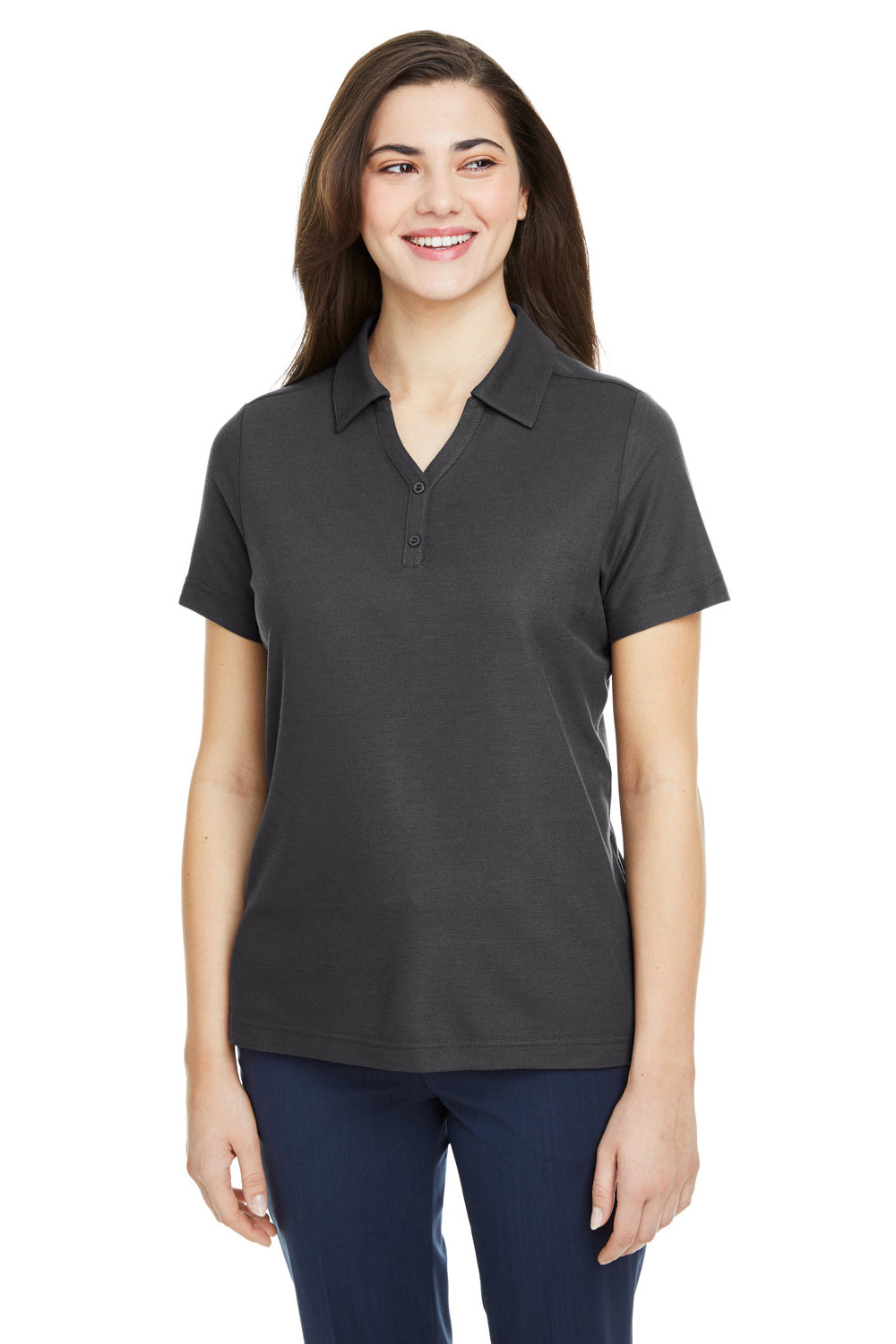 Core 365 CE112W Womens Fusion ChromaSoft Performance Moisture Wicking Pique Short Sleeve Polo Shirt Carbon Grey Model Front