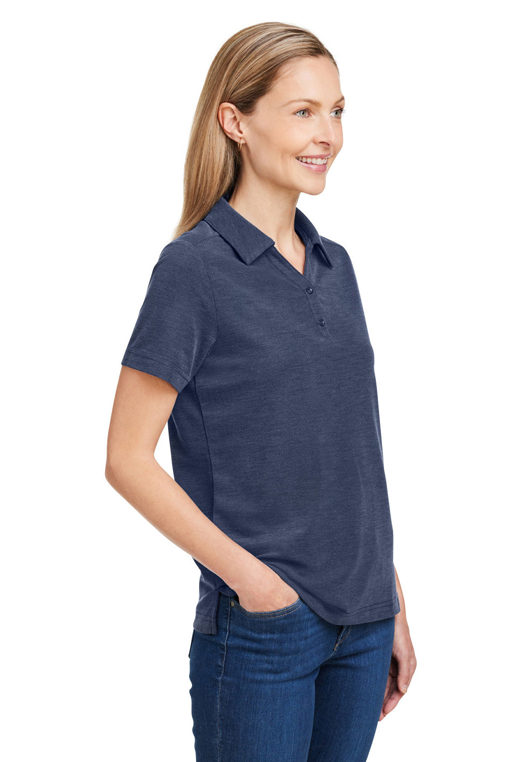 Core 365 CE112W Womens Fusion ChromaSoft Performance Moisture Wicking Pique Short Sleeve Polo Shirt Heather Classic Navy Blue Model 3q