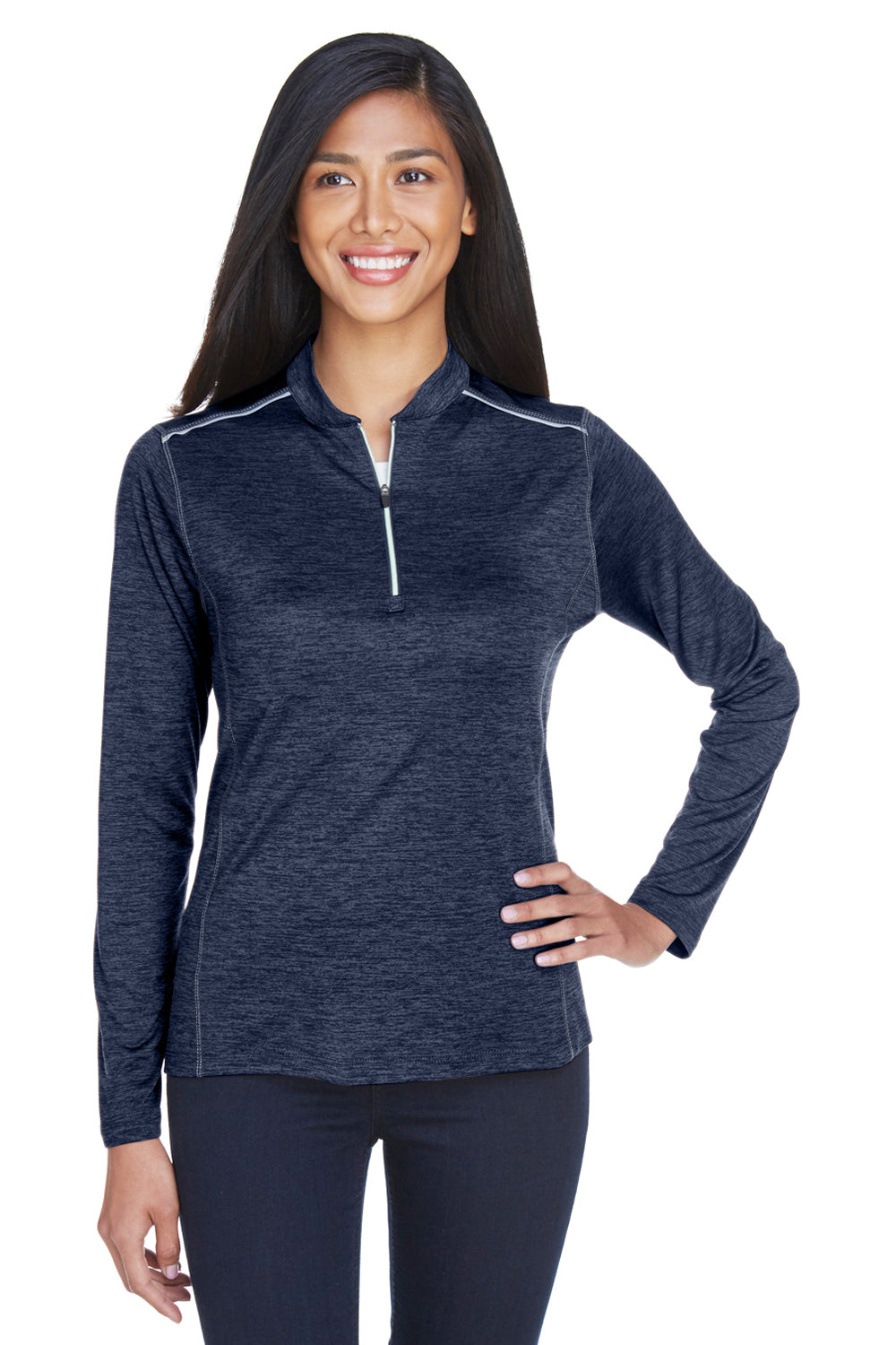 Core 365 CE401W Womens Kinetic Performance Moisture Wicking 1/4 Zip Sweatshirt Classic Navy Blue/Carbon Grey Model Front